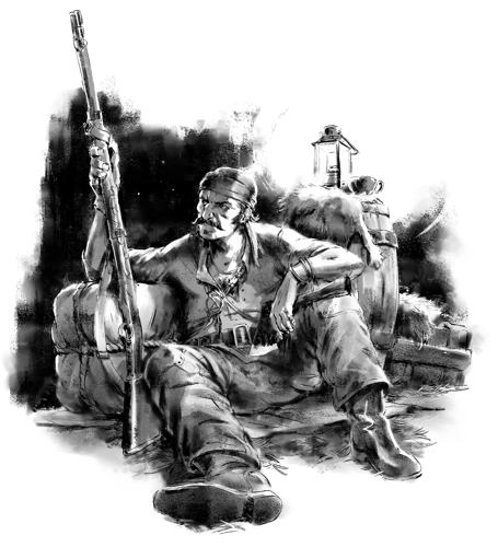 A stylised black-and-white illustration of a moustached map holding a musket leaning against a stack of crates, furs and barrels