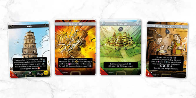A sample spread of cards from the Tang deck of the board game Imperium: Horizons, named from left to right: Tang, Rebellion, Chang'An, Cosmopolitan Culture
