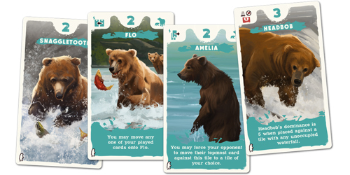An image of sample cards from Katmai with illustrations of bears, their unique name above and rules text below