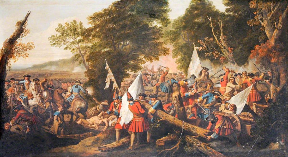 This tapestry depicts English and German troops 