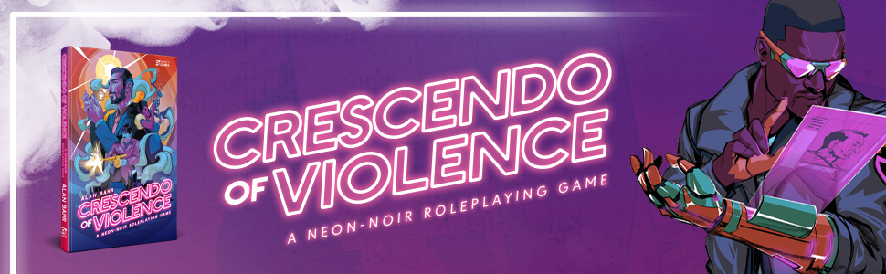 Crescendo of Violence header banner showing the cover art and the title next to an illustration of a man with a cybernetic arm using a holographic touch pad