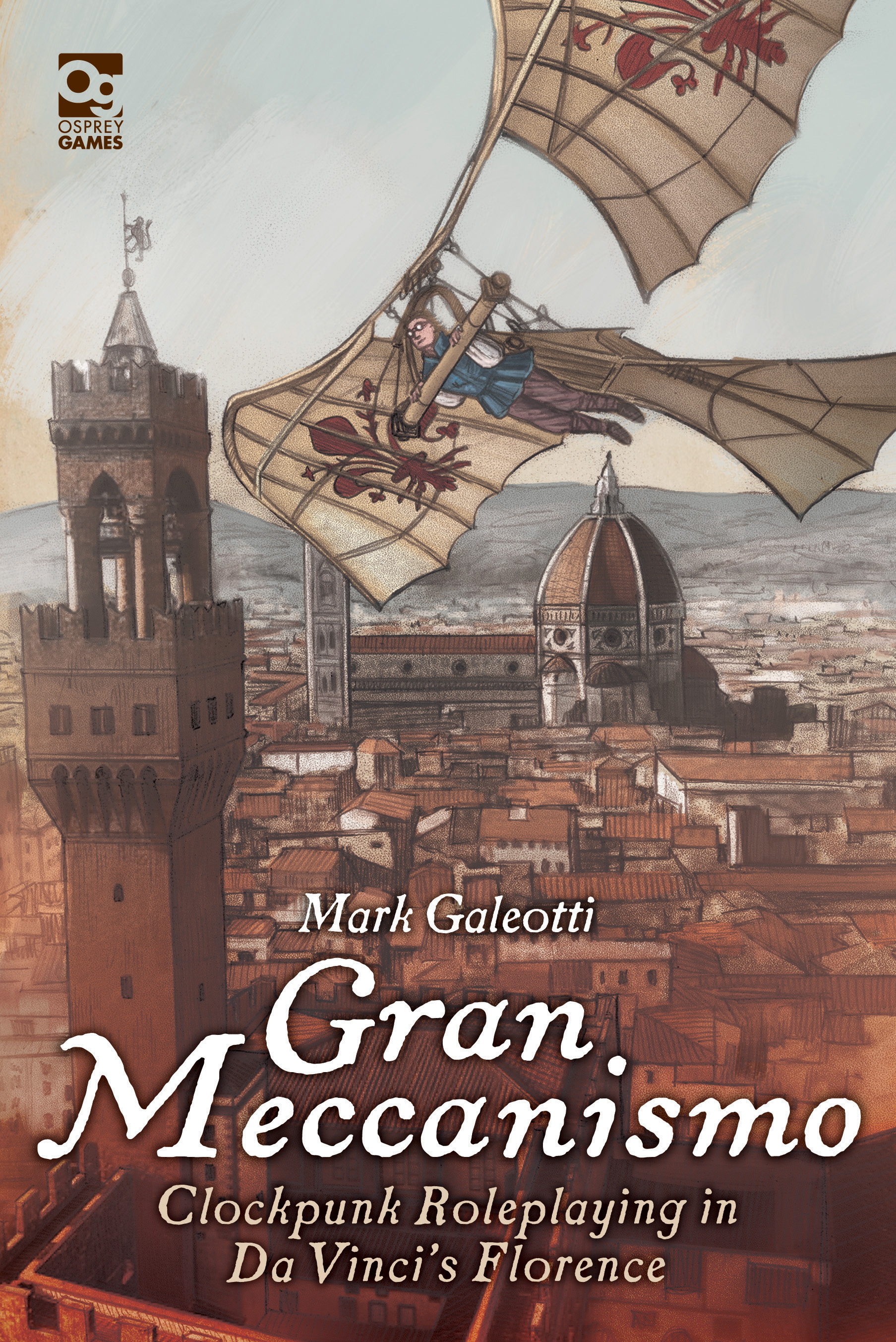Gran Meccanismo cover depicting someone flying a glider over a Renaissance Italian city