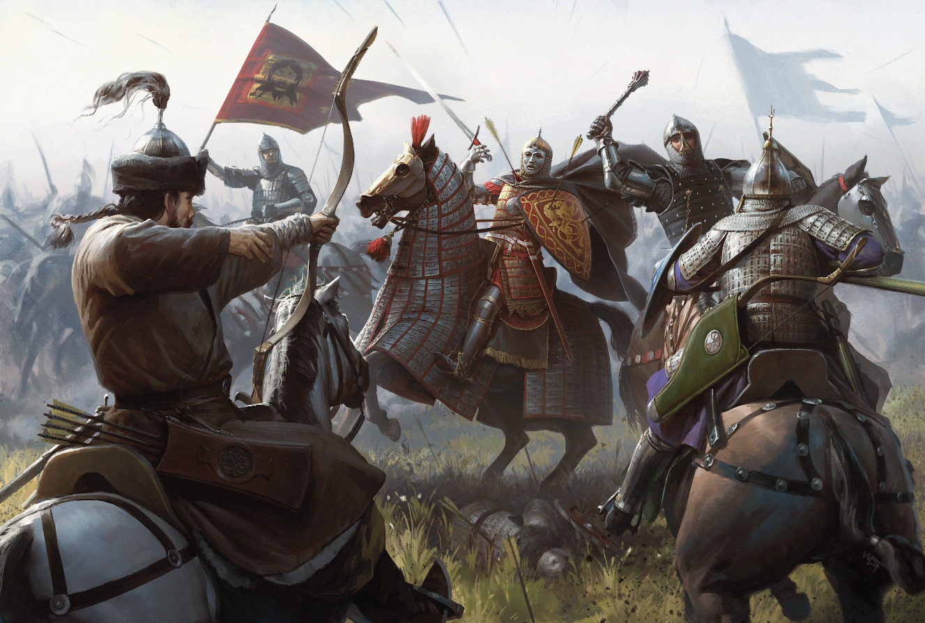 Lion Rampant: Second Edition illustration of mounted bowmen clashing with knights