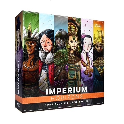 An image of the final Imperium: Horizons game box, with art depicting the leaders of the Taino, Inuit, Aksumites, Mayans, Tang and Sassanids side by side