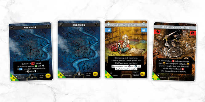 A spread of sample cards from the Abbasids deck of Imperium: Horizons, titled left to right: Abbasids A, Abbasids B, Grand Library of Baghdad, Abbasid Revolution