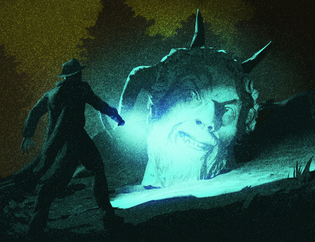 An illustration of a figure in a trench coat and fedora shining a flashlight onto the giant broken head of a statue depicting a horned god
