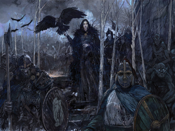 An illustration of a woman in dark robes with a huge raven alighting on her hand, surrounded by a horde of undead Dark Ages warriors under an overcast sky
