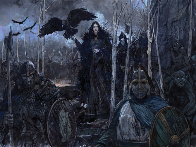 An illustration of a woman in black robes and a raven alighting on her hand, surrounded by a horde of undead viking soldiers
