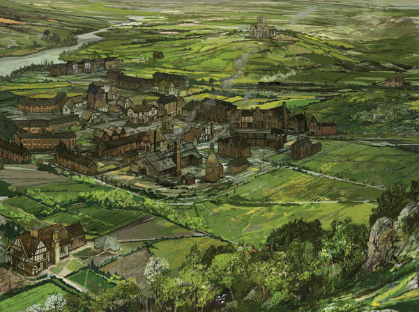 An illustration of a small Industrial Revolution era town in the English countryside, with terraced buildings and smokestacks beneath a church on a hill and surrounded by fields, trees and a river