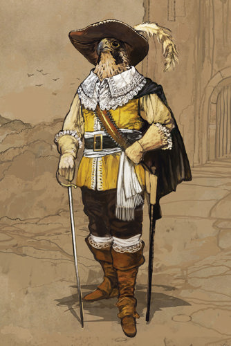 An illustration of a humanoid bird creature with the head of a peregrine falcon and dressed in the attire of an English Civil War cavalier, with a cloak, feathered hat and rapier