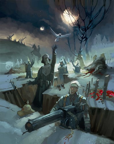 An illustration of a WW1 trench manned by soldiers at night, with a huge moon and an owl flying overhead