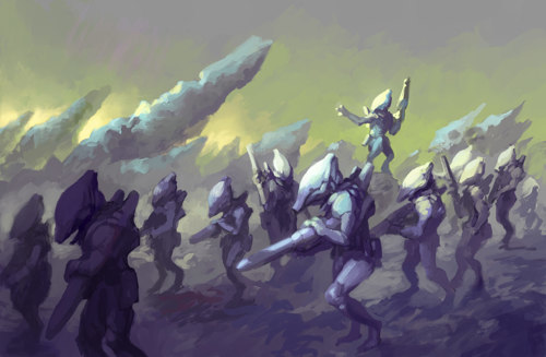 An illustration of an alien army armed with high-tech weaponry marching through a strange, unnatural landscape. One is stood on a raised rock and gesturing the others forward.