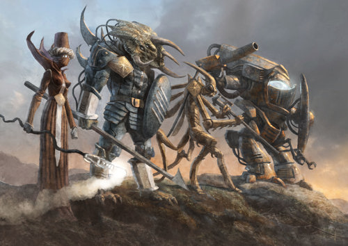 An illustration of a diverse group of alien figures with strange weapons and armour