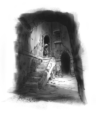 A black-and-white sketch-style illustration of a hooded figure peering around an archway in a decrepit, narrow alley