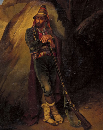 A period painting of a 19th-century Calabrian brigand in a long coat, pointed hat and with a musket