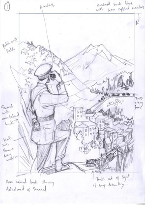 A rough, heavily annotated pencil sketch of the General Orders: World War II cover, depicting a general with binoculars overlooking a town in a valley as military vehicles roll through the streets below