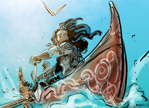 An illustration of a Polynesian explorer steering a canoe through the water as a bird flies overhead