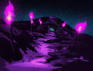 An illustration of a steep path up to an old burial mound, lit purple by the glow of strange torches and with a greenish tint coming from within