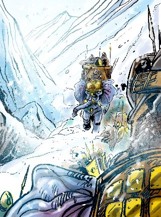 An illustration of war elephants crossing an icy mountain pass
