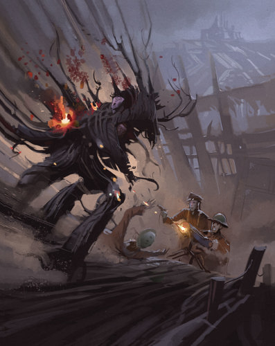 An illustration of a strange, vaguely humanoid monster made out of animated wood charging towards a gun emplacement in a WW1 trench