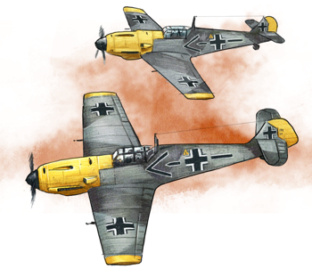 An illustration from the Undaunted: Battle of Britain board game showing two German Bf 109E planes in flight side by side