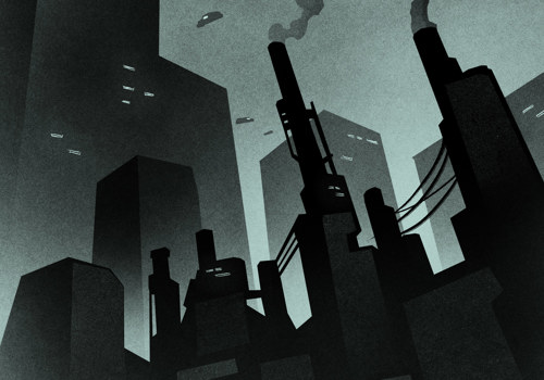 An illustration of a futuristic city of skyscrapers belching out smoke, dotted with the tiny silhouettes of flying cars