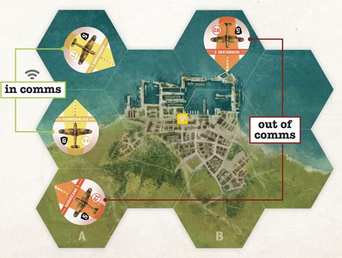 A diagram from the Undaunted: Battle of Britain rulebook showing how plane counters are "out of comms" when more than two board spaces away from one another