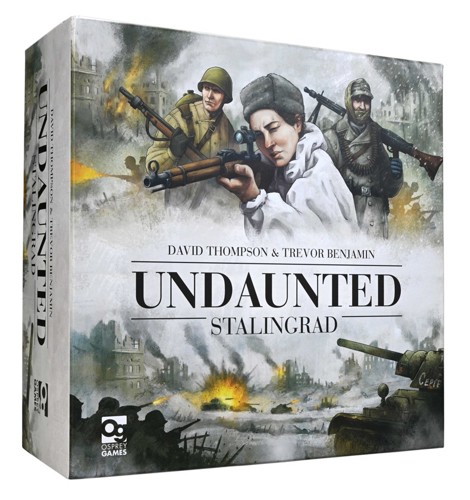 A photo of the Undaunted: Stalingrad game box with cover art depicting a trio of WW2 soldiers, with a female sniper in the foreground, against the backdrop of a ruined cityscape