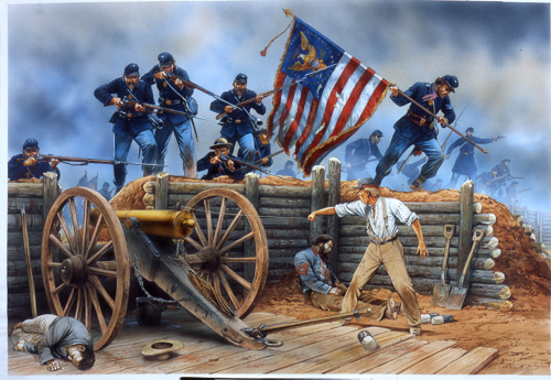 An illustration of Union American Civil War soldiers charging over a trench carrying a flag and aiming at soldiers manning a cannon below