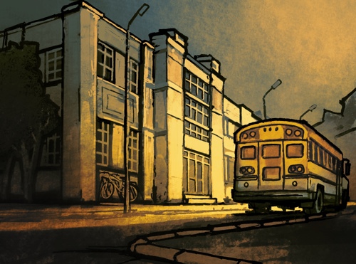 An illustration of a school with a yellow bus parked outside