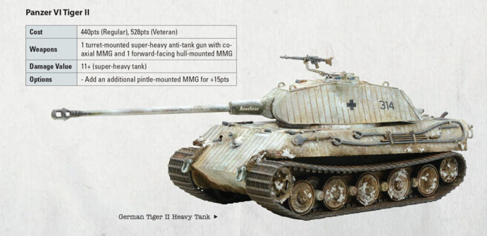The stats for a Panzer VI Tiger II tank from Bolt Action: Third Edition alongside a fully painted miniature