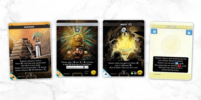 A sample spread of cards from Imperium: Horizons, named left to right: Mayans, Headdress, Inuit, Summer