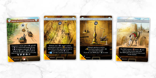 A selection of sample cards from the Wagadou deck of Imperium: Horizons, named left to right: Trans-Saharan Trade Route, Gold Merchants, Salt Merchants, Berber Traders