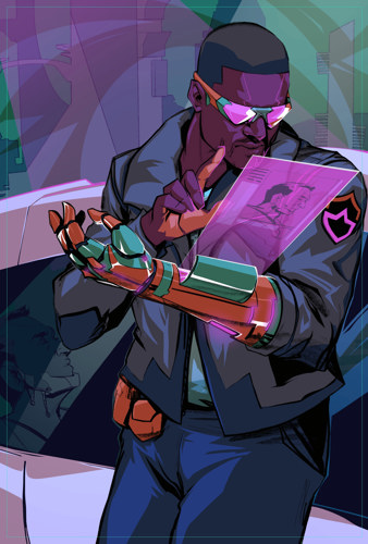 An illustration of a man with a cybernetic arm and a police badge using a handheld digital data screen