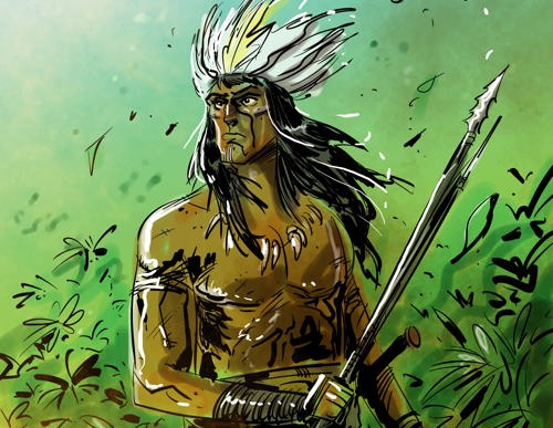 An illustration of Enriquillo standing holding a spear against a lush green backdrop