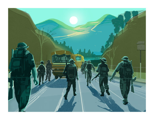 An illustration from the board game General Orders: World War II, depicting WW2 soldiers walking down a road towards the sun setting over hills