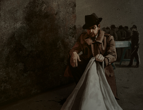 An illustration of a man in a trench coat and fedora lifting the sheet off a body behind a police barrier