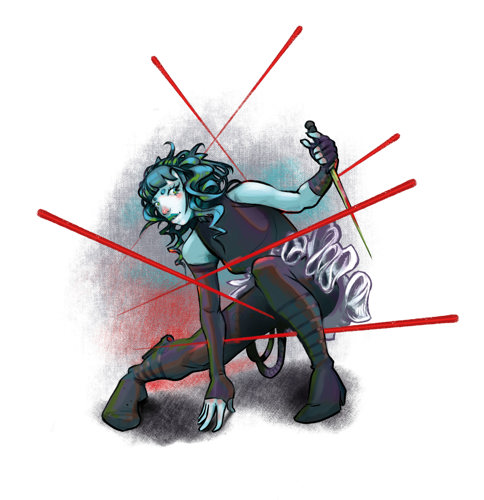 An illustration of a woman holding a knife crouching down to carefully avoid the paths of a lattice of red detection lasers