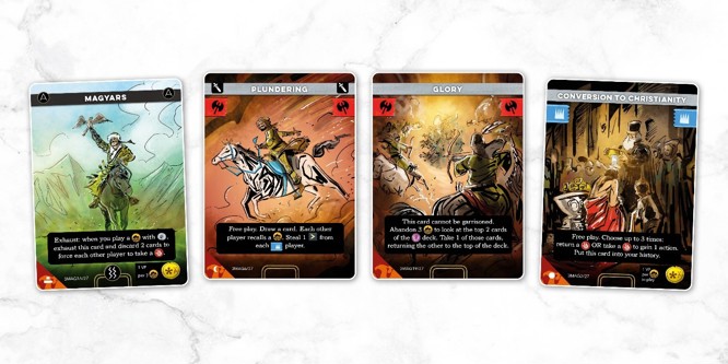 A sample spread of cards from the Magyars deck of Imperium: Horizons, named left to right: Magyars, Plundering, Glory, Conversion to Christianity