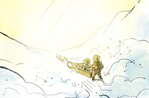 An illustration of two Inuit on a sled drawn by a pack of dogs being pulled through an icy valley under shining sun