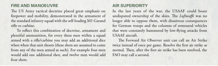 An extract from the Bolt Action: Armies of the United States: Third Edition rulebook showing the US special rules Fire And Manoeuvre and Air Superiority