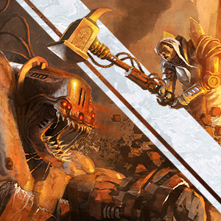 An illustration of a figure with a high-tech hammer leaping towards a rampaging bio-mechanical giant