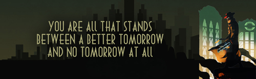 A footer banner for Tomorrow City: Dieselpunk Roleplaying, depicting a figure in a trench coat and fedora overlooking a retrofuturistic city skyline, with text in an art deco font style reading "YOU ARE ALL THAT STANDS BETWEEN A BETTER TOMORROW AND NO TOMORROW AT ALL"