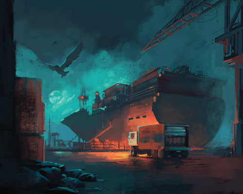 An illustration of city docks by night, with a huge industrial ship at port