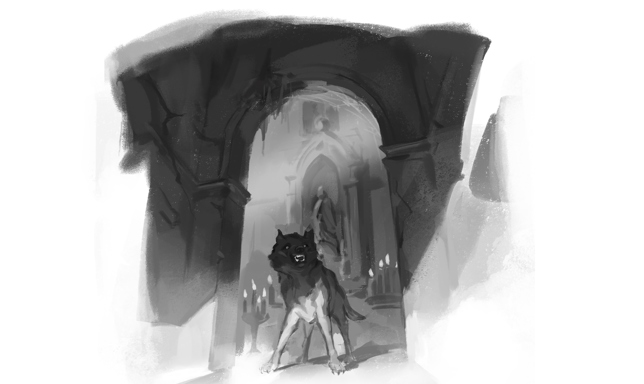 An illustration of a wolf prowling through a church