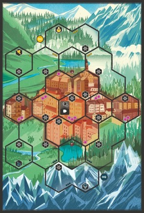 The Alpine board of General Orders: World War II depicting a town in the mountains split into hex areas and covered with various action symbols