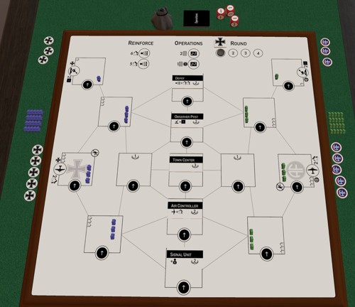 A screenshot of an early Tabletop Simulator prototype version of General Orders: World War II, showing a simple board and tokens without any art