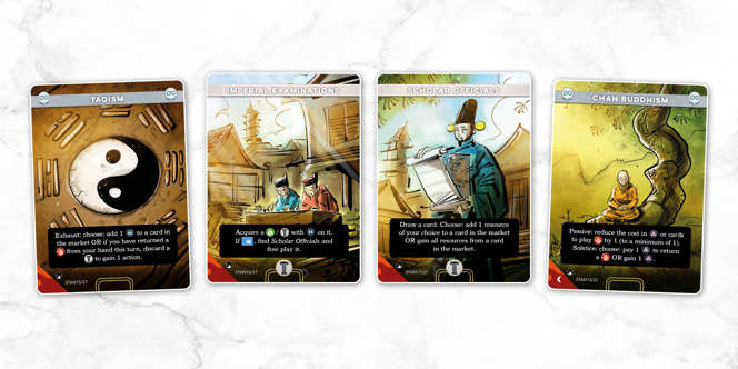 A sample spread of cards from the Tang deck of the board game Imperial Examinations, Scholar Officials, Chan Buddhismerium: Horizons, named left to right; Taoism, Impe