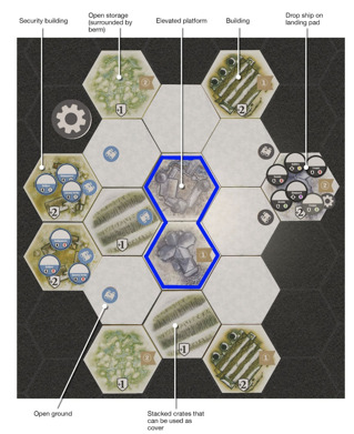 A prototype map from Callisto with hex spaces, basic illustrations for terrain features and highlights for elevation, labelled with various design notes