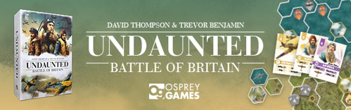 Undaunted: Battle of Britain header banner showing the board game box and a sample board set-up and hand of cards